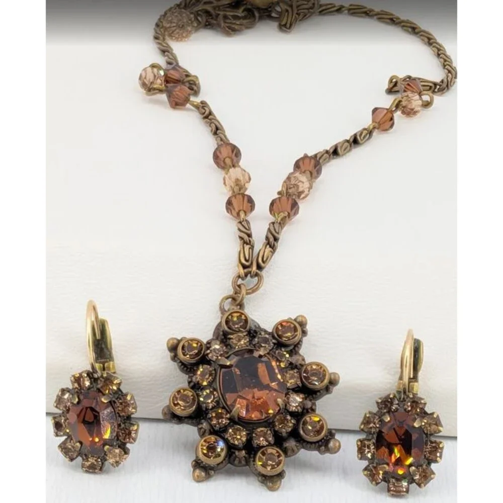 Liz Palacios Amber Crystal Necklace Earrings Set Gold Tone Signed 16 Inch Glam